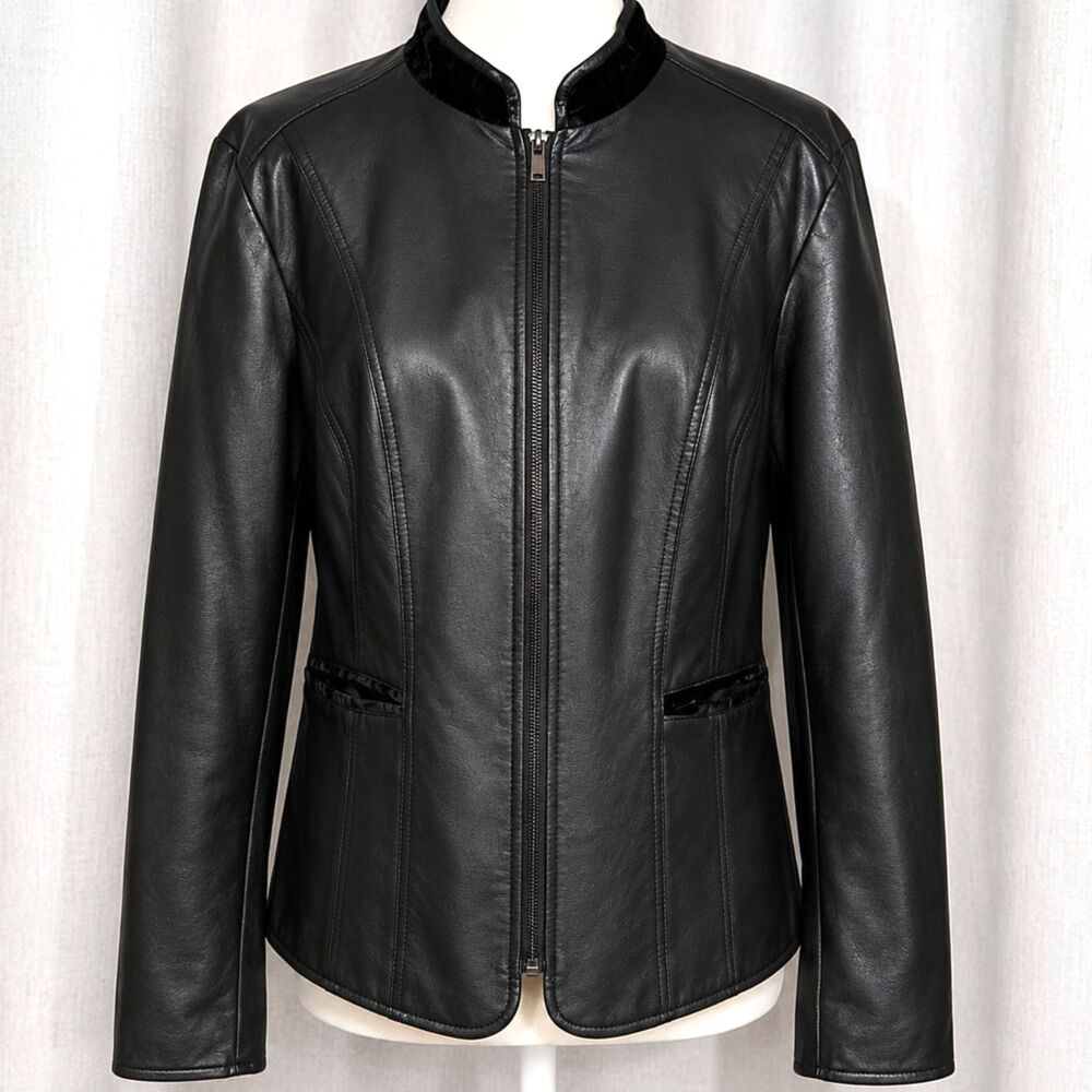 Alfani Black Faux Leather Moto Jacket Zip Cuff Velvet Trim Stand Collar Womens L